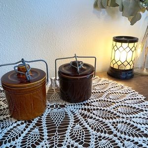 Pair of Vintage Brown Glaze Stoneware Crocks with Wire Lock Lid